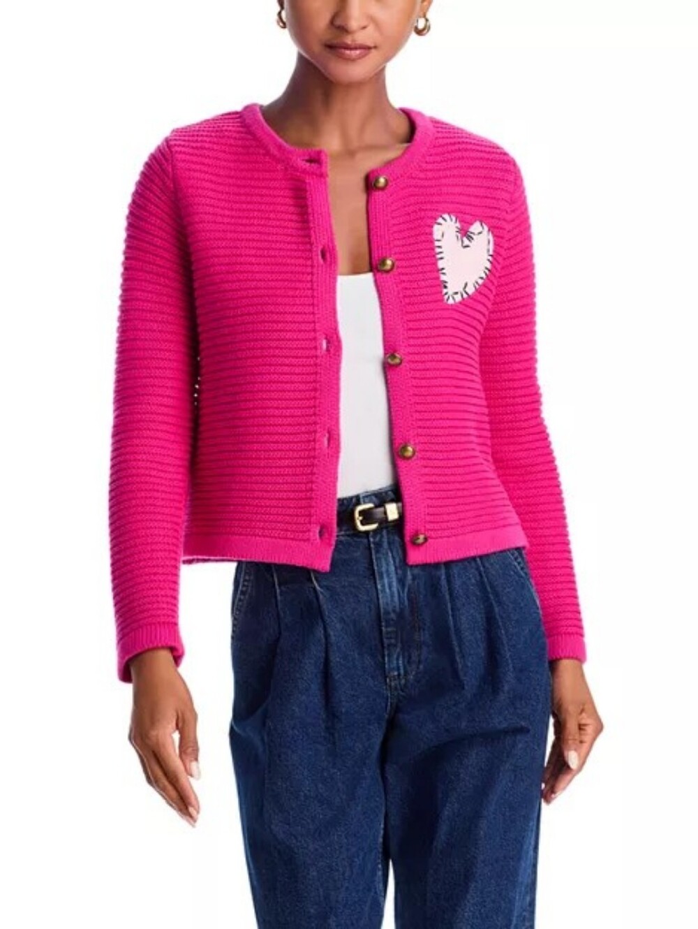 AQUA x Kerri Rosenthal Heart Patch Cardigan - Exclusive, XS, Pink, Cropped Knit